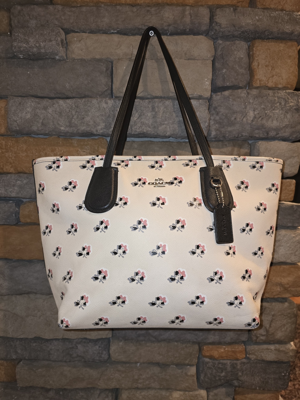 COACH 36357 Cream Floral Taxi Tote  Pink & Black Accents Zip Top **READ**